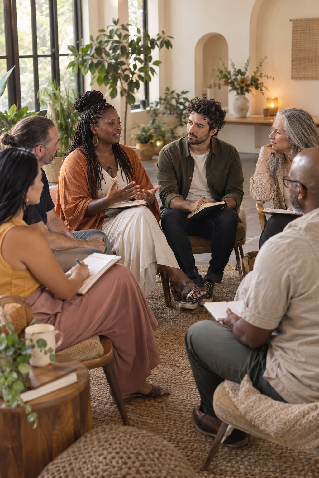 An inclusive group of adults participating in a reflective workshop circle